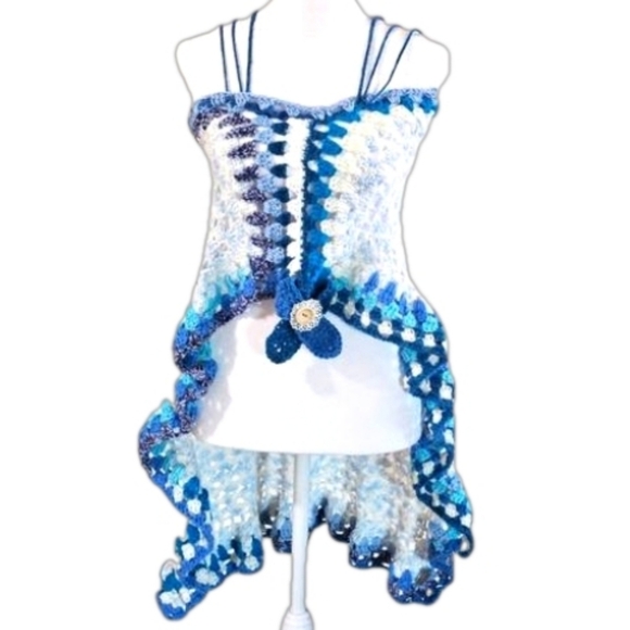Hand Crafted crochet handmade top eclectic textile wearable art blue upcycled - Picture 13 of 16
